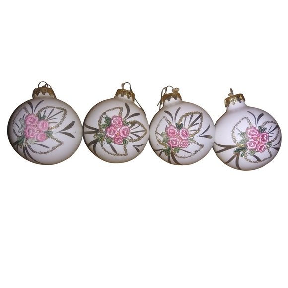 VTG Kurt Adler Pink Floral Glass Ball Ornaments Set of 4 Embroidered Gold Glitte - Picture 2 of 13